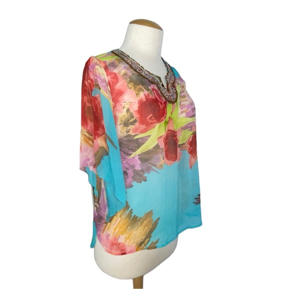 Mushka Sienna Rose XL Floral Sheer Top Elbow Length Sleeves Sequin Neckline NWT - Picture 7 of 12